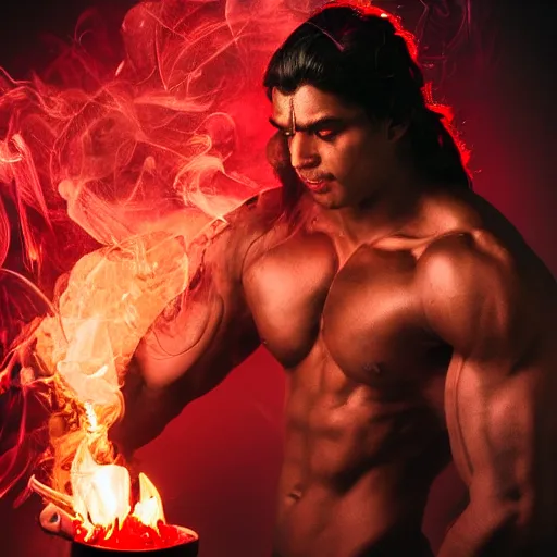 Image similar to lord shiva as a muscular character, smoking inside a dark studio, photography, red smoke coming out of his smoking bowl