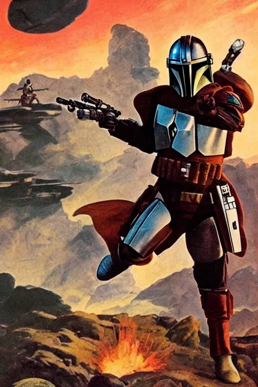 Image similar to backlit dramatic cinematic mandalorian fighting pose on the rock by frazetta on background with destroyed planets , x-wing and atomic bomb explosion, backlight