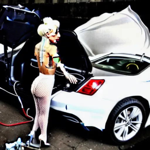 Image similar to lady gaga fixing a car engine