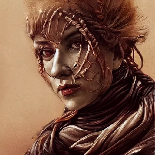 Image similar to portrait of a Shibari rope wrapped face and neck, headshot, insanely nice professional hair style, dramatic hair color, digital painting, of a old 17th century, old cyborg merchant, amber jewels, baroque, ornate clothing, scifi, realistic, hyperdetailed, chiaroscuro, concept art, art by Franz Hals and Jon Foster and Ayami Kojima and Amano and Karol Bak,