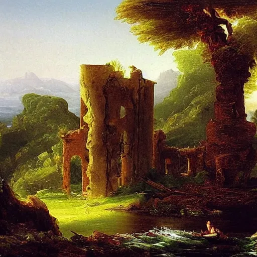 Image similar to romantic landscape with ruined tower, thomas cole, landscape painting, romanticism