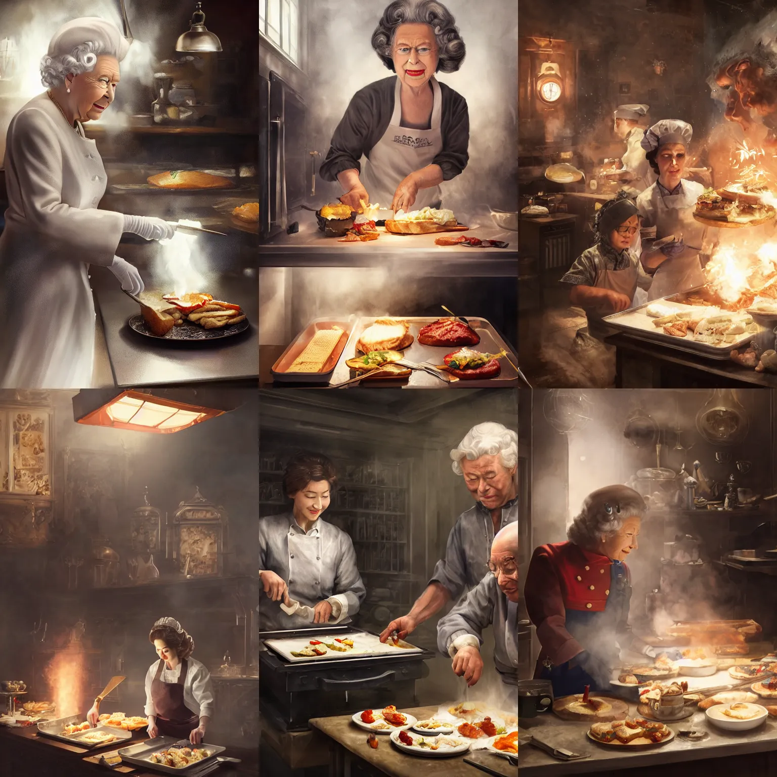 Prompt: queen elizabeth II cooking sandwiches for lunch, diffuse lighting, strong imagery, highly detailed, by Greg Rutkowski, Sung Choi, Johnson Ting, Maxim Verehin, Peter Konig, final fantasy, Marco lense, photorealistic 8k, cinematic lighting, HD, high detail, atmospheric, trending on artstation