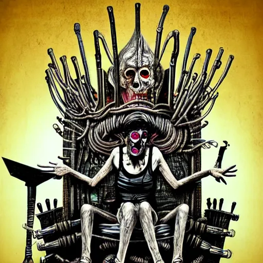 Image similar to graphic illustration, creative design, alice cooper sitting on a throne, biopunk, francis bacon, highly detailed, hunter s thompson, concept art