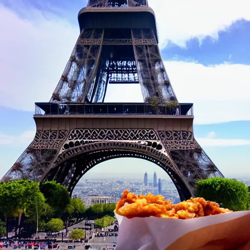 Prompt: fried chicken on top of the eiffel tower