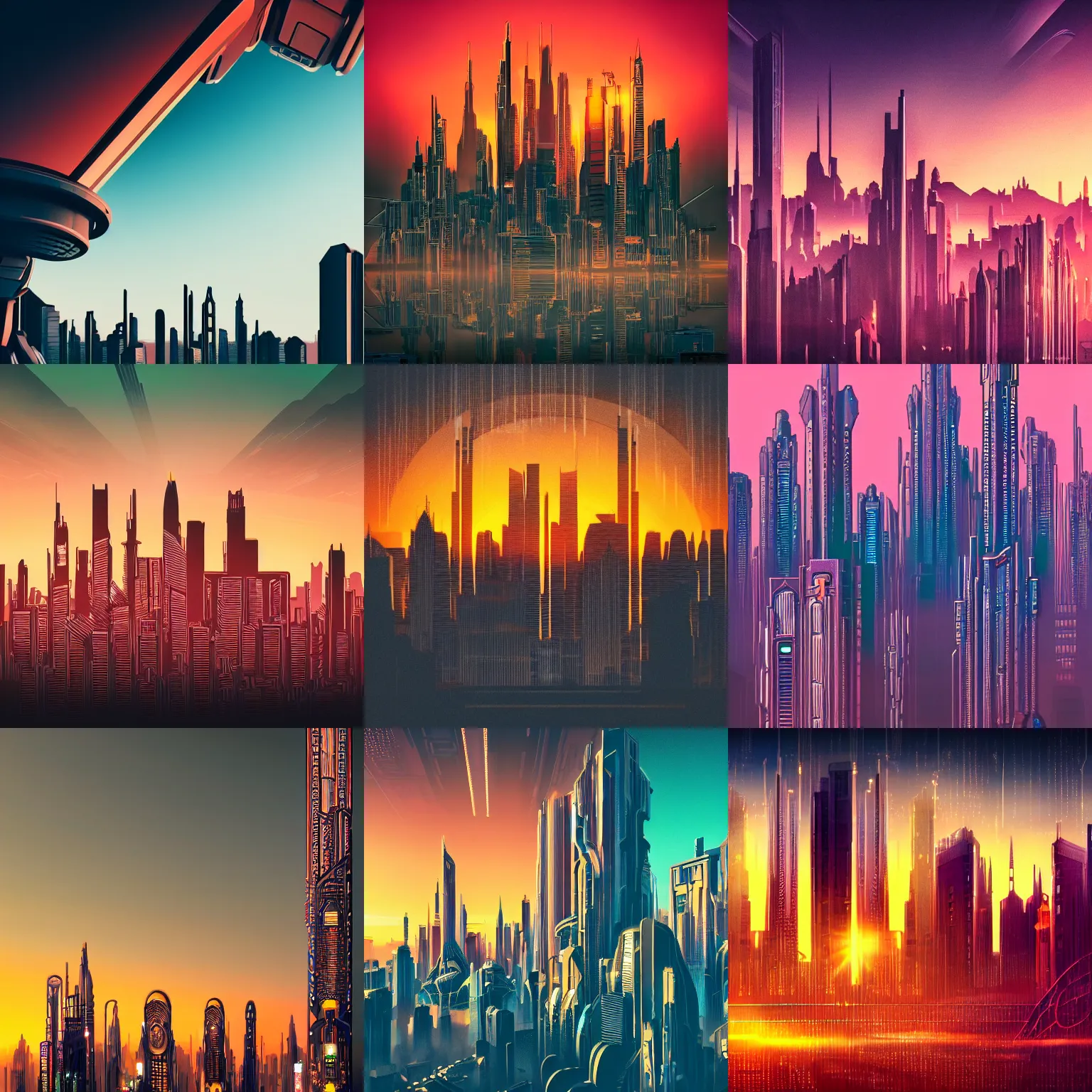 Prompt: detailed photo of a beautiful sci-fi cyberpunk Art Deco skyline at sunset