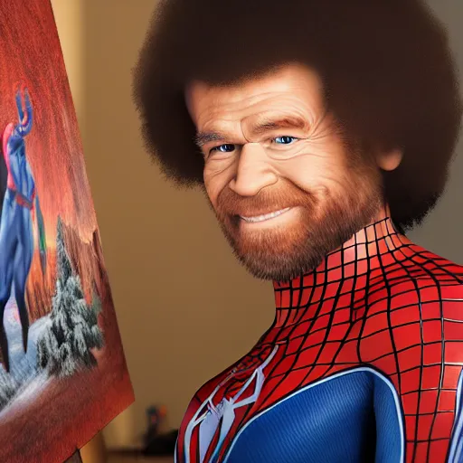 Image similar to a closeup photorealistic photograph of bob ross working on a canvas painting of spiderman. film still. brightly lit scene. mountains and trees. this 4 k hd image is trending on artstation, featured on behance, well - rendered, extra crisp, features intricate detail, epic composition and the style of unreal engine.