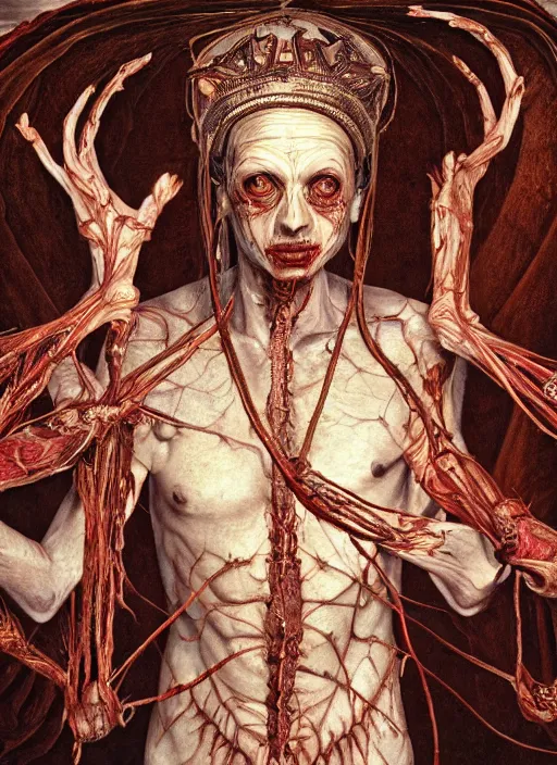 Prompt: portrait of Paimon, one of the kings of hell with translucent skin, visible muscles and veins and arteries and bones and spines and nerves, beautiful detailed intricate insanely detailed octane render, 8k artistic photography, photorealistic, chiaroscuro, by David Cronenberg, Raphael, Caravaggio