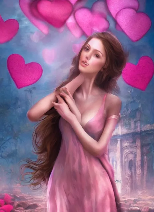 Image similar to a beautiful portrait of a beautiful woman surrounded by pink hearts and love, matte painting, fantasy art