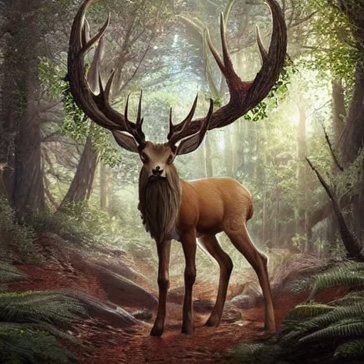 Prompt: beautiful hyper realistic elven, celestial highly detailed stag, in a beautiful highly detailed forest background. sunlight rays throught the trees. fantasy art, concept art 8 k rendering.