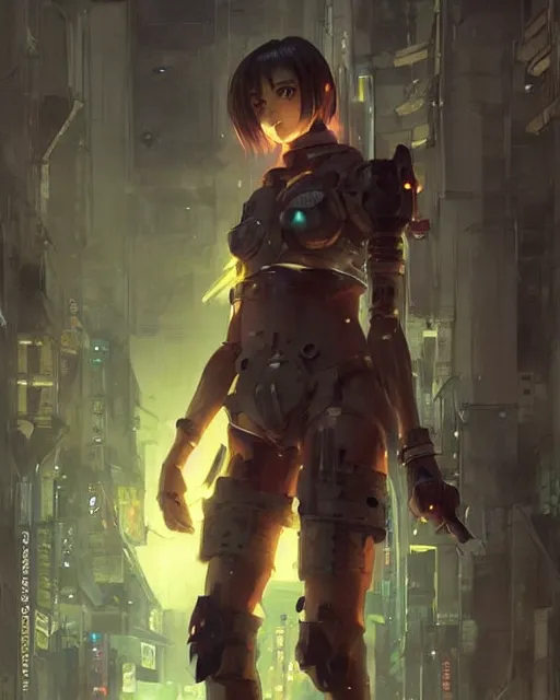 Image similar to full body portrait of anime girl in mechanic armor in night tokyo by greg rutkowski, perfect face, fine details