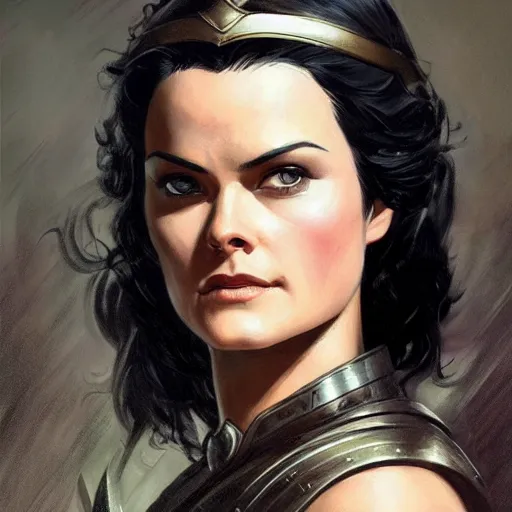 Image similar to ultra realistic portrait painting of jaimie alexander as lady sif, art by frank frazetta, 4 k, ultra realistic, highly detailed, epic lighting.