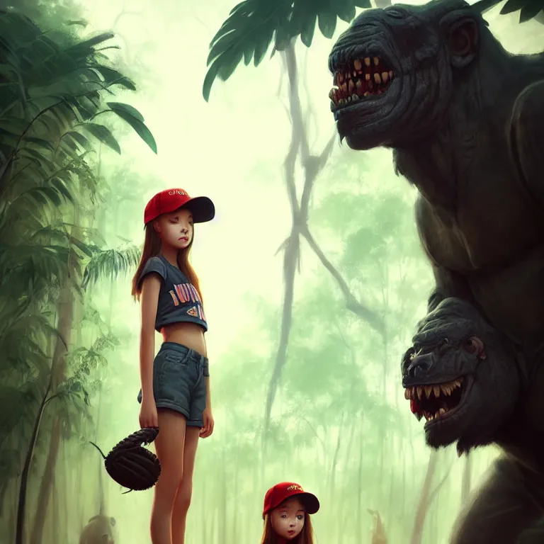 Image similar to cute young girl, wearing baseball cap, lonely, jungle clothing, standing next to a towering demonic beast, jungle setting, bokeh, sharp focus, character art, illustration, digital painting, trending on artstation, greg rutkowski.