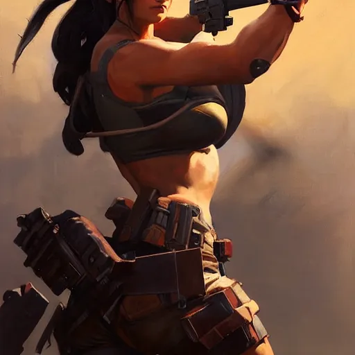 Image similar to greg manchess portrait painting of partially armored lara croft as overwatch character, close - up shot, asymmetrical, profile picture, organic painting, sunny day, matte painting, bold shapes, hard edges, street art, trending on artstation, by huang guangjian and gil elvgren and sachin teng