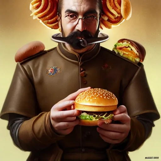 Image similar to portrait of a gengis khan eating a hamburger, extra onions and ketchup, luscious patty with sesame seeds, masculine, handsome, D&D, fantasy, intricate, elegant, highly detailed, digital painting, artstation, concept art, matte, sharp focus, illustration, art by Artgerm and Greg Rutkowski and Alphonse Mucha