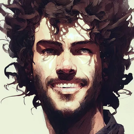 Image similar to a young man with curly brown hair, a light beard, smiling, dramatic lighting, illustration by greg rutkowski, yoji shinkawa, 4 k, digital art, concept art, trending on artstation