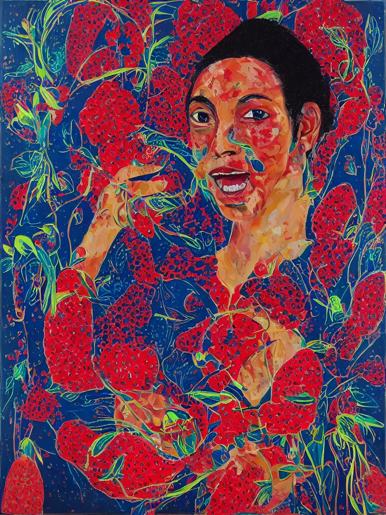 Image similar to “art in an Australian artist’s apartment, portrait of a woman wearing white cotton cloth, eating luscious fresh raspberries and strawberries and blueberries, edible flowers, black background, aboriginal and Japanese style, Dreamtime, Eora, Gadigal, intricate, bold colour, acrylic and spray paint and wax and oilstick on canvas”