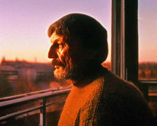 Image similar to award - winning lomographic tarkovsky film still of 4 0 years russian man with beard and sweater standing on small hrushevka 9 th floor balcony in taiga looking at sunset, cinestill, bokeh