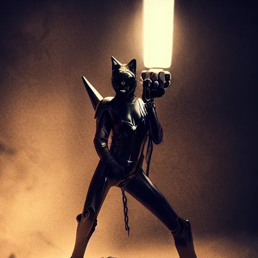 Image similar to Black Cat in armor fighting a demon cinematic lighting, fine detail, trending on artstation, ultra crisp, high contrast, ominous, threatening, haunting, forbidding, gloomy, Long shot