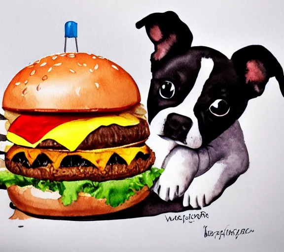 Prompt: A puppy eating a huge hamburger, watercolor painting, trending on artstation