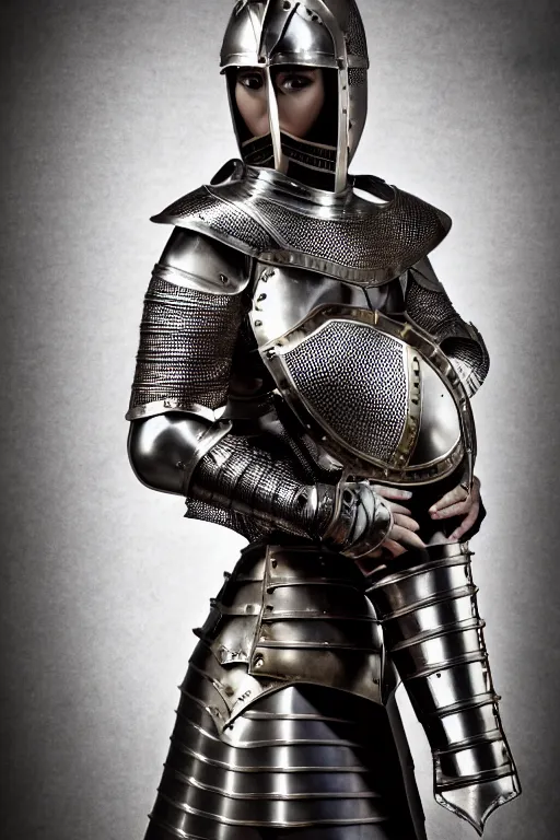 Image similar to medieval female knight, armor design by louis vuitton in collaboration with versace, no helmet, symmetrical, cinematic, elegant, demonic atmosphere, professional studio light, real dlsr photography, sharp focus, 4 k, ultra hd, sense of awe