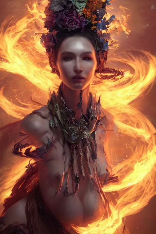 Image similar to face closeup of beautiful girl necromancer, witch - doctor exploding into flowers, angels, 3 d render, hyper - realistic detailed portrait, holding fire and electricity, leaves and magic, ruan jia, wlop. scifi, fantasy, magic the gathering, hyper detailed, octane render, concept art, peter mohrbacher