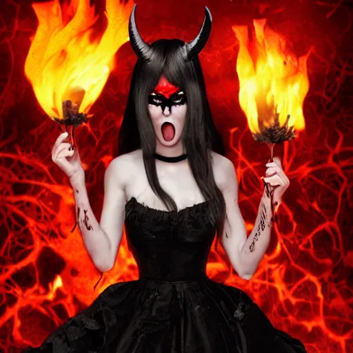 Prompt: super mad demon girl extreme anger with demon horns in a pretty black dress covered in blood with a rose in her hand in front of a destroyed forest in flames, super high detail portrait