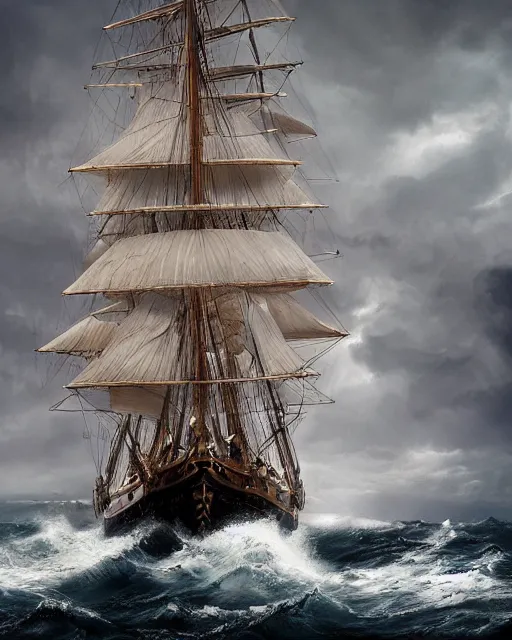 Prompt: a tall ship sailing vessel in stormy windy seas, in the style of louis phillipe crepin, hypermaximalistic, high details, cinematic, 8 k resolution, beautiful detailed, insanely detailed, trending in artstation, octane render, unreal engine