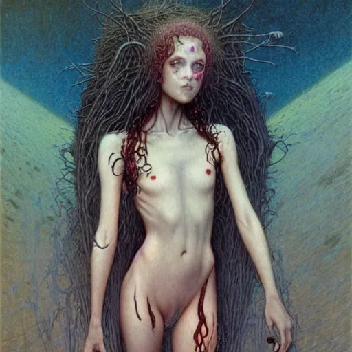 Prompt: cute young vampire tomboy girl with short dark hairs on lovecraftian planet by jean delville by luis royo and wayne barlowe, beksinski