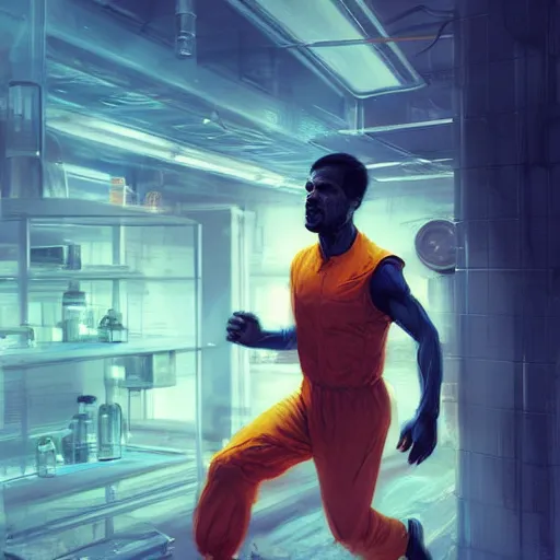 Image similar to a man in an orange jumpsuit running through a laboratory,digital art,art by greg rutkowski,ross tran,artstation,deviantart,photorealistic,hyperdetailed,detailed face,dramatic,cinematic,high quality,highly detailed face,western comic style,sharp lineart