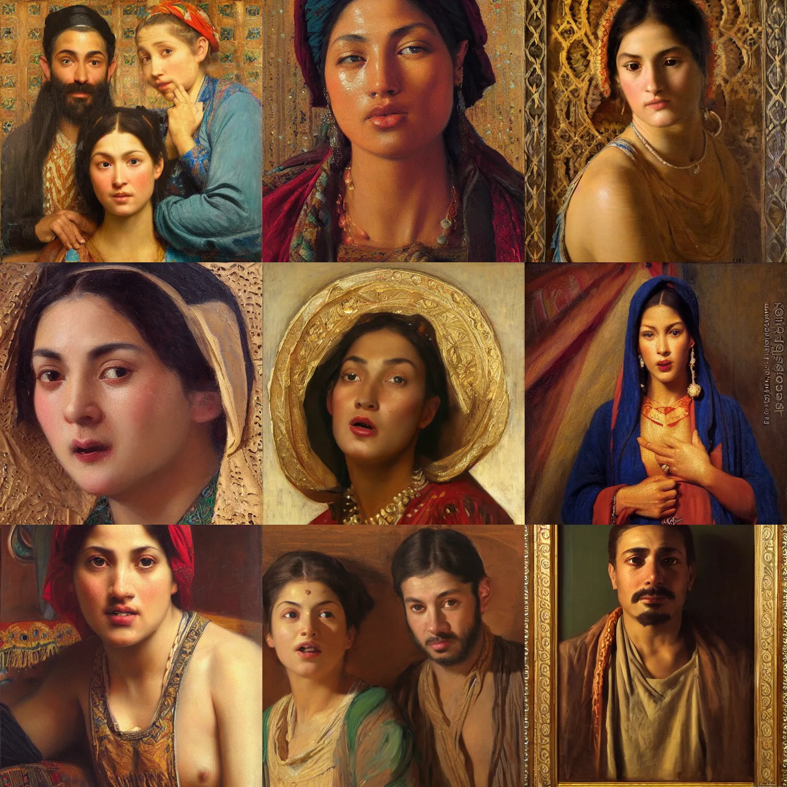 Prompt: orientalism surprised face portrait mouth open eyes wide by Edwin Longsden Long and Theodore Ralli and Nasreddine Dinet and Adam Styka, masterful intricate art. Oil on canvas, excellent lighting, high detail 8k