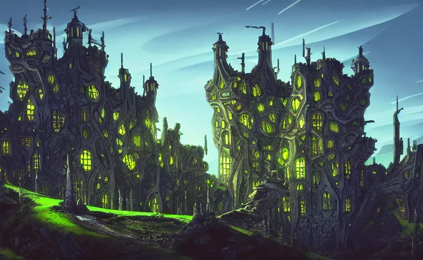 Prompt: game asset ori parallax alien scifi mechanical exterior shot of utopian medieval stronghold architecture castle with cinematic lighting by zaha hadid peter zumthor environment _ studio ghibli futuristic h. r giger in gouache detailed painting