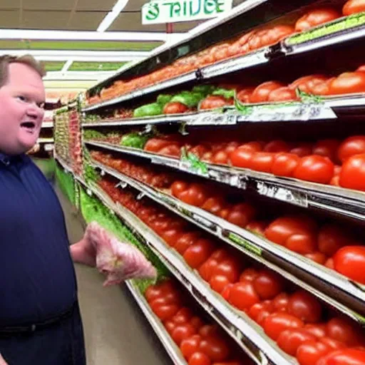 Prompt: Andy Richter placing squeezing tomatoes in the produce section of a supermarket