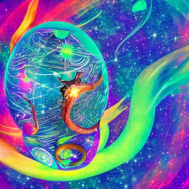 Image similar to a cosmic egg breaking open with a great serpent rising out, occult aesthetics alchemy, award winning art, chromatic aberration polychromatic colors