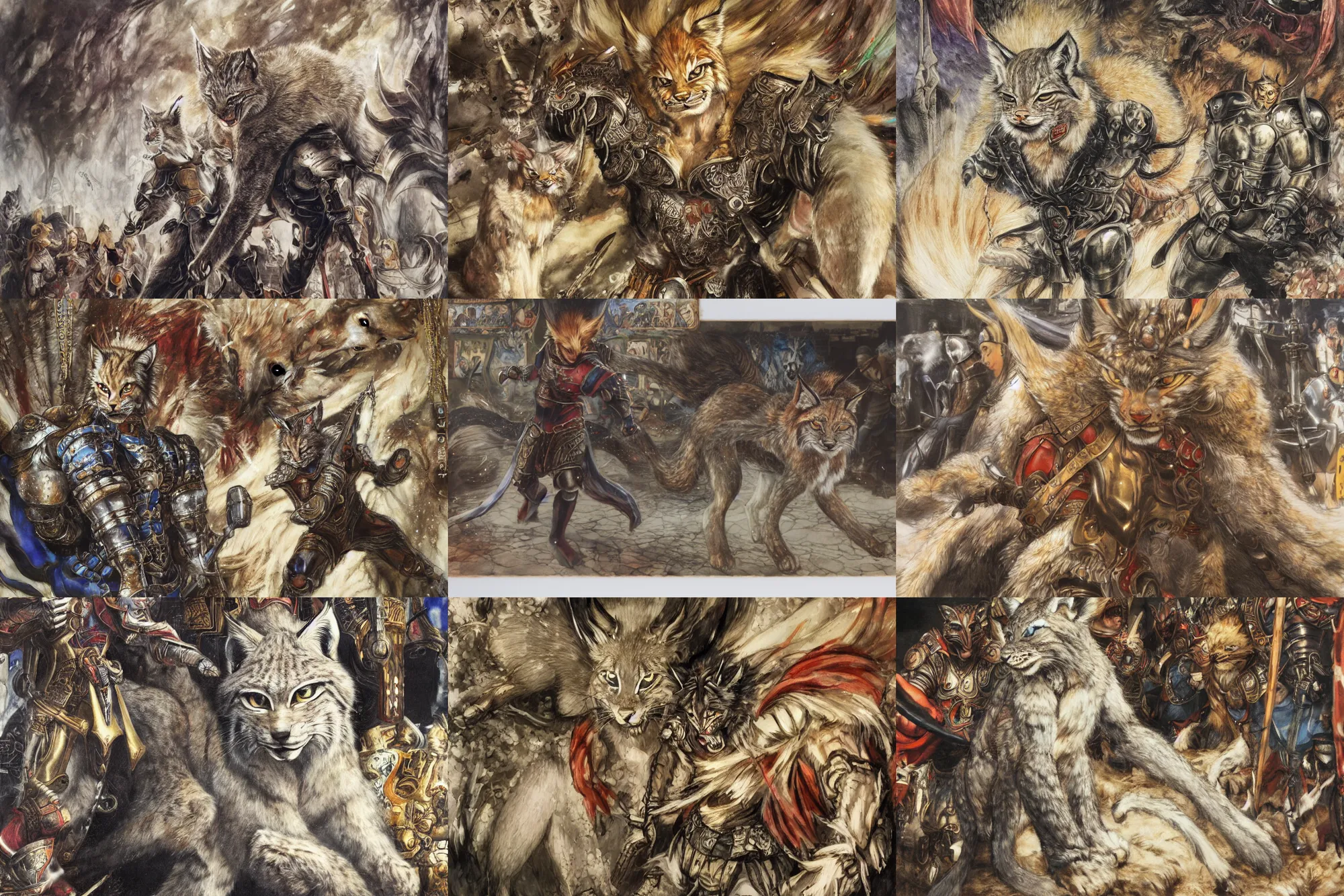 Image similar to 8k Yoshitaka Amano painting of upper body of a young cool looking lynx beast-man with white mane at a medieval market at windy day. Depth of field. He is wearing complex fantasy armors. He has huge paws. Renaissance style lighting.