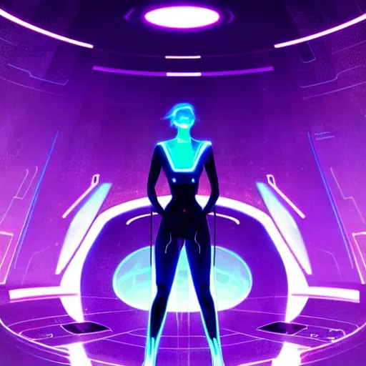 Image similar to Tron inspired character in the middle of the night in an abandoned space station, purple, sleek futuristic cityscape, blue, blacklight effects, neon lights, shimmery, glamorous, illuminated, glitch, vector drawing, illustration, art by Krenz Cushart and Artem Demura and alphonse mucha