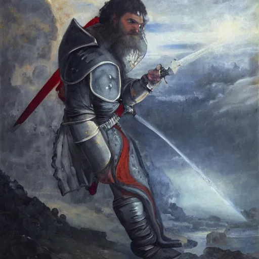 Prompt: realistic painting image of a templar knight with one mechanical hand carrying a fire sword and wielding it at the ice dragon. dramatic scene, realism, created by gustave courbet and michaelangelo, trending in artstation, fine art, smooth draw with oil painting.