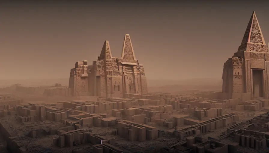 Prompt: a mixture of aztec and egyptian architecture castle, in the style of bladerunner 2 0 4 9, from 8 k matte, cinematic lighting, trending on artstation, unreal engine, highly detailed, 8 k wallpaper, cinematic lighting, octane, matte painting, volumetric lighting, atmosphere, mist, fog, clouds, matte painting