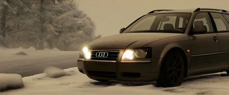 Image similar to Audi A4 B6 Avant (2002), a gritty neo-noir, dramatic lighting, cinematic, eerie person silhouette, death, homicide, homicide in the snow, gunshots, establishing shot, extremely high detail, photorealistic, cinematic lighting, artstation, by simon stalenhag, Max Payne (PC) (2001) winter new york at night, Max Payne 2 graphic novel style, flashing lights, Poets of the Fall - Late Goodbye