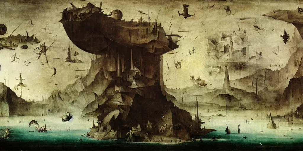 Prompt: the depths of a vast artificial world with massive towering pillars holding the ceiling of the landscape up, detailed, ruby coloration, energetic beings patrolling, extreme depth, hieronymus bosch and peder balke collaboration, godrays, colossal hovering machine automations of brutalist design visible in the foreground