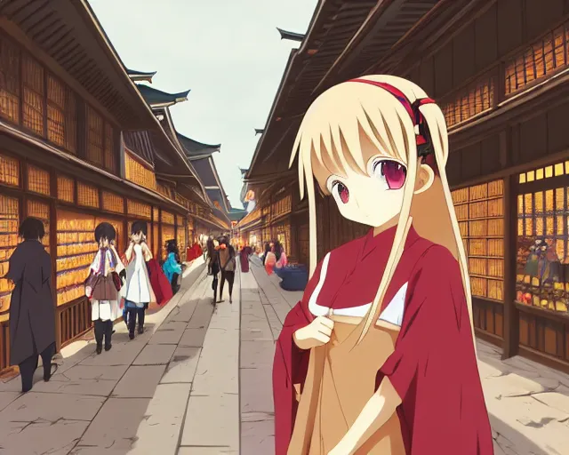 Prompt: anime visual, portrait of a young female traveler in an open medieval market shopping, cute face by katsura masakazu, yoh yoshinari, cinematic luts, cold studio lighting, dynamic pose, dynamic perspective, strong silhouette, anime cels, kyoto animation, cel shaded, rounded eyes