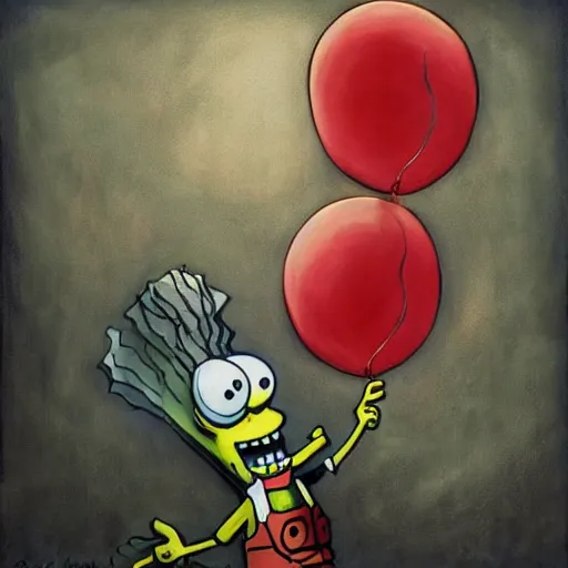 Image similar to grunge painting of spongebob with a wide smile and a red balloon by chris leib, loony toons style, pennywise style, corpse bride style, horror theme, detailed, elegant, intricate