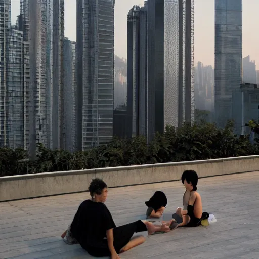 Prompt: a small rooftop with a couple of people sitting and watching the view, wearing black modern clothes, designed by rick owens, messy short hair, modern hong kong is on the background, sunset, pale colors, by gregory crewdson