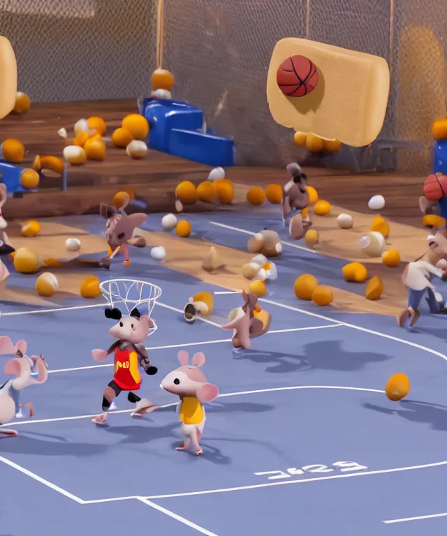 Image similar to high quality presentation photo of cute anthropomorphic rats playing basketball with cheese, photography 4k f1.8 anamorphic bokeh 4k Canon Nikon