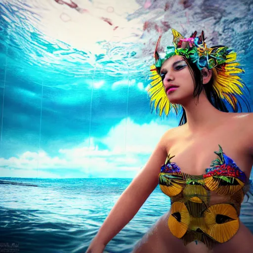 Image similar to kawaii puerto rican goddess swimming in the ocean wearing a bespoke headdress designed by emma yeo made of circuitry, inspired by cameron gray, wlop, stanley kubrick, masamune, unique perspective, photorealistic, intricate foreground, dof, trending on artstation, 3 d render, vivid