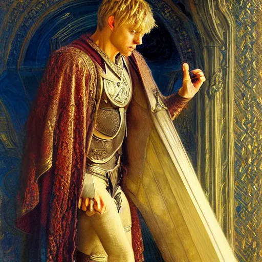 Image similar to stunning arthur pendragon in love with stunning male merlin the mage. they are close to each other. highly detailed painting by gaston bussiere, craig mullins, j. c. leyendecker