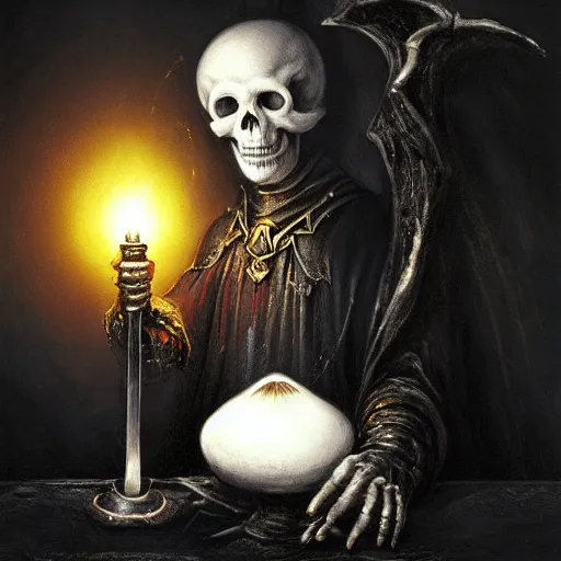 Image similar to black void chalice, longsword, skull, small white mushrooms, light from above, seb mckinnon