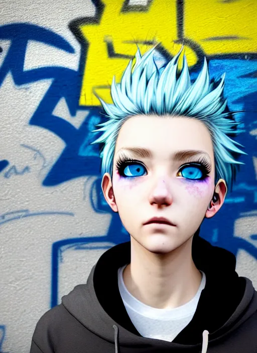 Image similar to highly detailed portrait of a city punk lady student, blue eyes, hoodie, white hair by akihiko yoshida, gradient yellow, black, brown and cyan blue color scheme, grunge aesthetic!!! ( ( graffiti tag wall background ) )