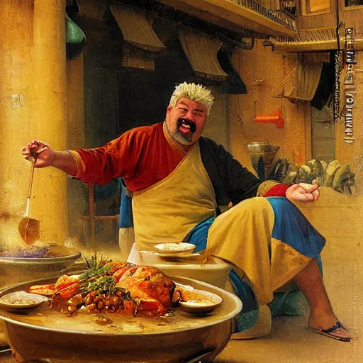 Image similar to orientalist painting of guy fieri cooking over a pot in the bazaar by jean - leon gerome and otto pilny and adrien henri tanoux