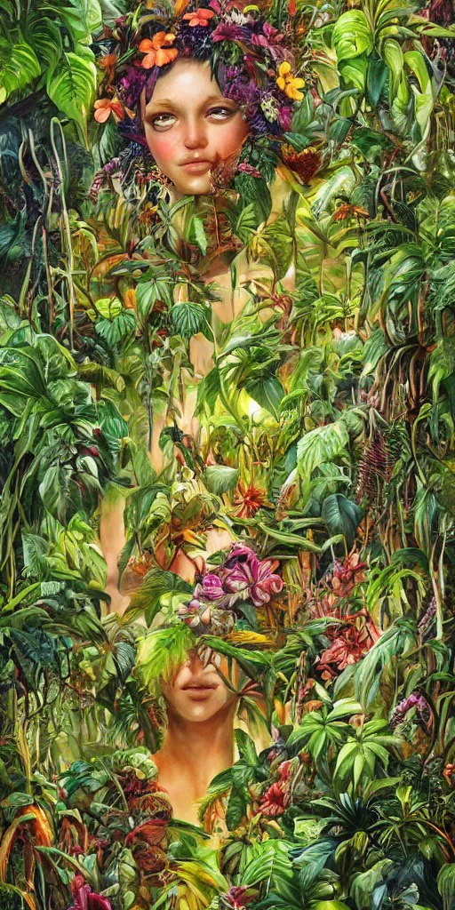 Image similar to deep in the jungle with exotic plant life, tropical plants, natural botanical gardens, vines, acrylic painting by hannah yata, artstation, concept art, award winning,