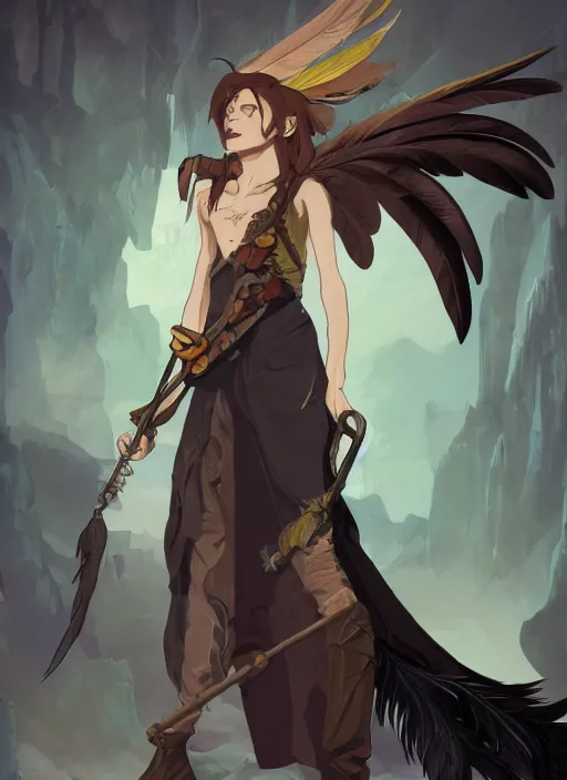 Image similar to concept art painting of an androgynous harpy person with black feathers, pirate clothes, detailed, realistic, cel shaded, in the style of makoto shinkai and james gurney and alphonse mucha and greg rutkowski and artgerm